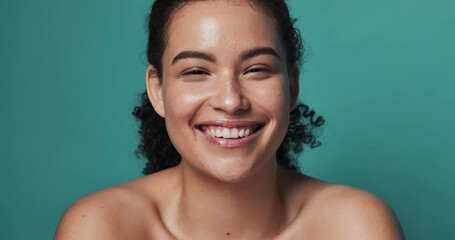 Wall Mural - face, skincare and woman with cosmetics, dermatology and pimple treatment on green studio background