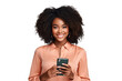 © Ameer - Portrait of a beautiful young African American woman holding a phone isolated on transparent background PNG