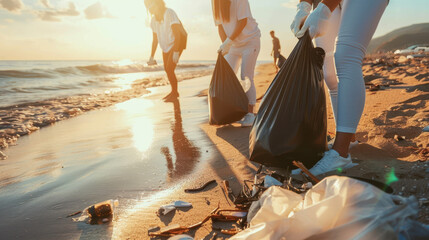 Wall Mural - Group of people cleaning a beach, collecting trash in black bags, warm natural light