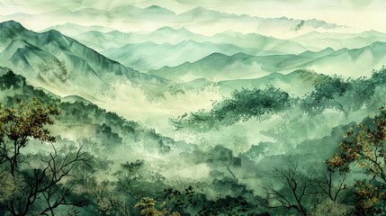 Wall Mural - A misty mountain scene rendered in green watercolors, with layers of mountains fading into the distance and a foreground of richly textured trees and underbrush.