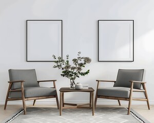 Photo of a modern interior design living room with two square blank poster frames on the wall, gray armchairs near a coffee table and flowers in a vase on a white carpet, minimalist home decor with a 