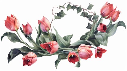 Wall Mural - An elegant oil painting of a wreath featuring blossom on white background