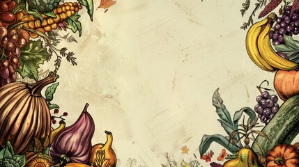 Wall Mural - A vibrant banner featuring a cornucopia overflowing with vegetables, grains, and fruits, the center left clear for text.