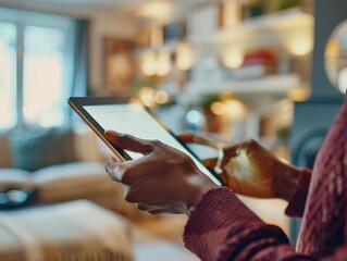 Wall Mural - Close-up of a person using a tablet. AI.