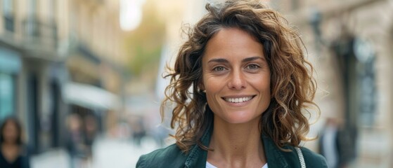 Wall Mural - Portrait of a smiling woman with curly hair. AI.