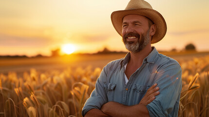 portrait of happy middle aged farmer standing in golden wheat field at sunset