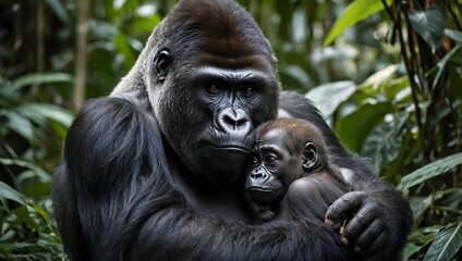 Wall Mural - Gorilla mother cradling infant in jungl