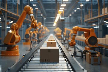 orange robotic arms transferring carton boxes along a conveyor belt in a contemporary factory.