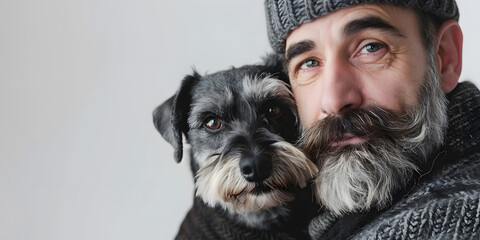 Closeup portrait of handsome smiling bearded model with dark hair and schnauzer on white background