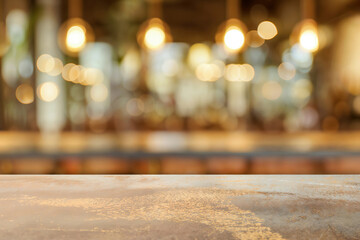Poster - Empty table top with blurred restaurant background, ideal for product placement