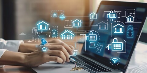 Wall Mural - A person used an AI digital pen to draw and highlight icons representing real estate, such as houses or keys on their laptop screen, indicating the use of technology in residential home design.