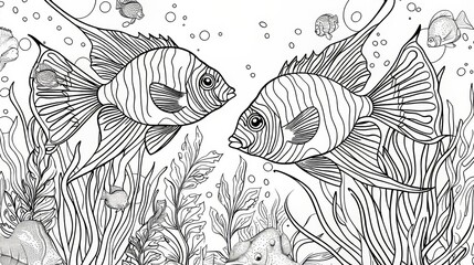 Coloring pages and books with beautiful fish designs for drawing, painting, or coloring. Suitable for children and adults. High-resolution images at 300dpi.