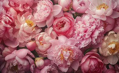 Wall Mural - Abundance of pink peonies in full bloom creating a lush floral background.