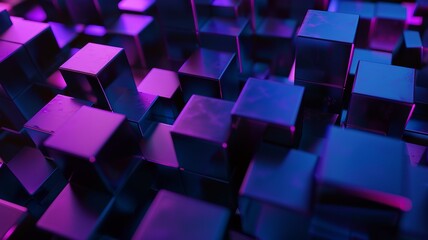 Wall Mural - Abstract background wallpaper, with blue and purple cubes in the foreground. cube art, black geometric shapes, top down perspective.