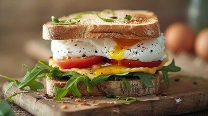 Healthy organic poached egg sandwich with copy space appetizing portion size