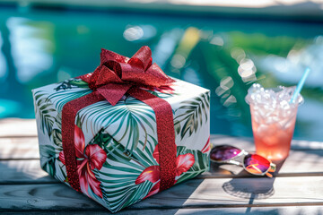 Christmas Gift Wrapped with Tropical Paper by the Pool