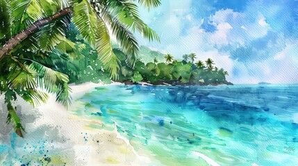 Poster - A vibrant watercolor depiction of a tropical beach, with azure waters, white sandy beach, and lush green palm trees swaying gently.