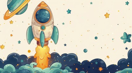 Wall Mural -  Blank white page with colorful cartoon rocket ships and planets around the border, theme background for space mission, cute children's, astronauts and stars