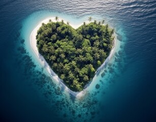 Wall Mural - Heart-shaped tropical island with palm trees and sandy beach