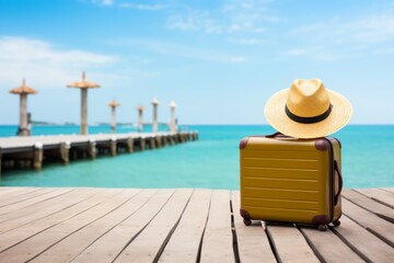 Sticker - Yellow suitcase and straw hat on a deck by the sea