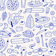 © Daria - Mediterranean Cuisine Seamless Pattern. Hand Drawn Food Background for Menu design.