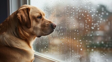 Dog Looking Out Window on Rainy Day