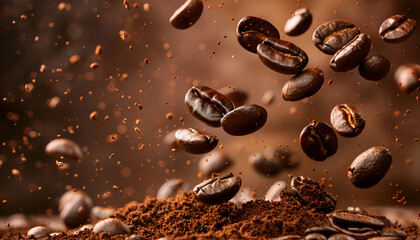 Wall Mural - Roasted coffee beans falling on heap against brown background, closeup