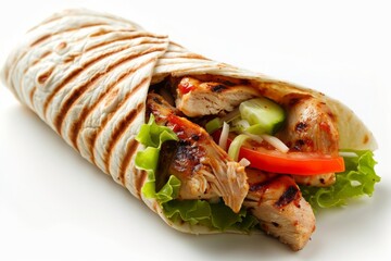 Wall Mural - Delicious Grilled Chicken Wrap Isolated on a white background