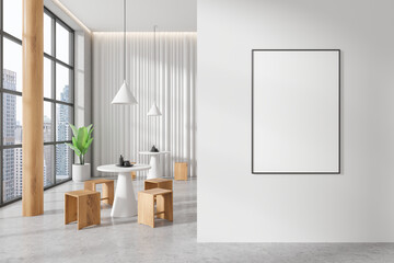 Poster - White restaurant interior with chairs and eating tables, window. Mockup frame