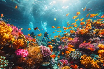 Wall Mural - A vibrant underwater scene with colorful coral reefs, schools of fish, and a scuba diver exploring the marine life.