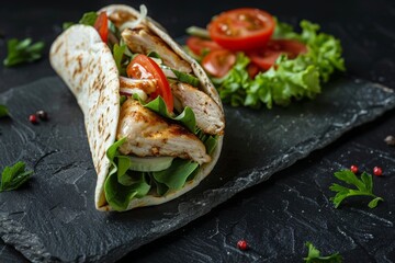 Wall Mural - Delicious Grilled Chicken Wrap Isolated on a black slate background 