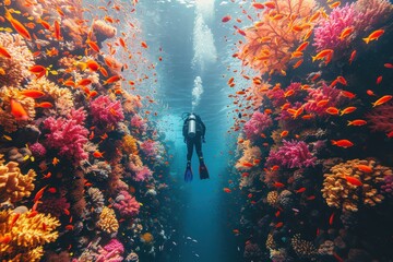 Canvas Print - A vibrant underwater scene with colorful coral reefs, schools of fish, and a scuba diver exploring the marine life.