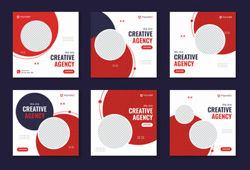 Wall Mural - Creative round shape red corporate social media post bundle, circle element business template unique collection, set of digital marketing vector square advertisement