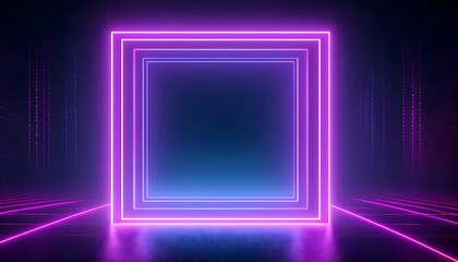 Wall Mural - 3D render, abstract geometric background bright purple neon frame with a square center dominates a dark and mysterious background  mysterious square outlined in neon purple light sits in a dark room