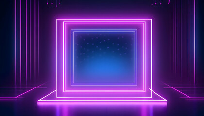 Wall Mural - 3D render, abstract geometric background bright purple neon frame with a square center dominates a dark and mysterious background  mysterious square outlined in neon purple light sits in a dark room
