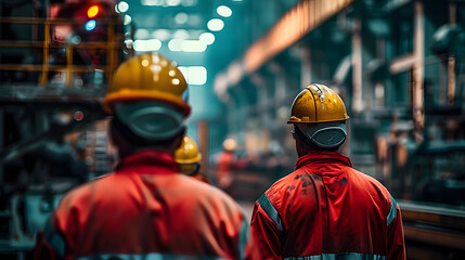 Poster - workers helmets at the factory, view from the back, group of workers, change of workers in the factory