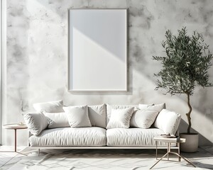 Wall Mural - Photo of a modern living room interior mockup, featuring a white sofa with an olive tree and side tables in front of the wall. A large blank poster frame hangs on the wall in a minimalist style, with 