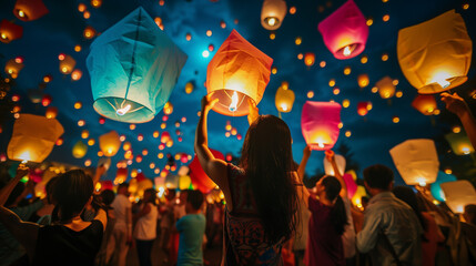 Wall Mural - people holding lanterns at the Mid-Autumn festival, colorful lanterns with nighttime light, Ai generated Images