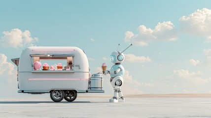 A retro-futuristic illustration of a robot serving ice cream from a futuristic truck.