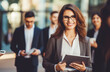 © Minimal Blue - Confident Businesswoman In Glasses Holding A Tablet And Smiling With Colleagues In The Background