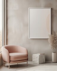 Wall Mural - Photo mockup, wall art frame on the wall of an elegant living room with a light pink armchair and stone side table, soft beige walls, minimalistic decor, neutral tones, minimalist interior design styl