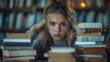 © ibooM - Stressed High School Student Struggling with Homework at Desk Covered with Books