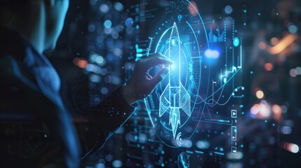Businessman Interacting with Digital Rocket