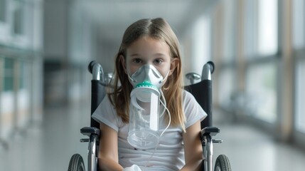 girl with an oxygen mask, sitting in a wheelchair, hospital corridor, determination on her face, blu