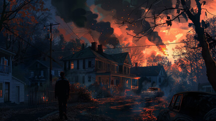 Wall Mural - Boy from behind watching his city burn. War concept, fire, burning house, burning planet