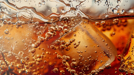 Wall Mural - Soda with Ice. Close up of the ice cubes in cola water. Texture of carbonate drink with bubbles in glass. Cola soda and ice splashing fizzing or floating up to top of surface. Cold drink background.