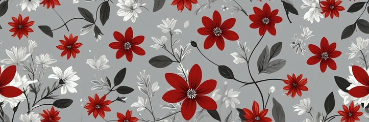 Wall Mural - mini red flowers theme border and grey background website banner	