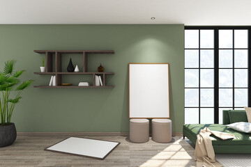 Wall Mural - 3d render of minimal interior design living room side the window with frame mockup. Light oak parquet floor, green wall finish and white ceiling. Set 2