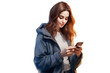 © Ameer - Woman holding smartphone using internet and social media, isolated on transparent background for digital communication and technology concepts