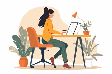 flat style illustration of a young woman working remotely on her laptop at desk on a with white background, pastel colors and minimalistic artstyle